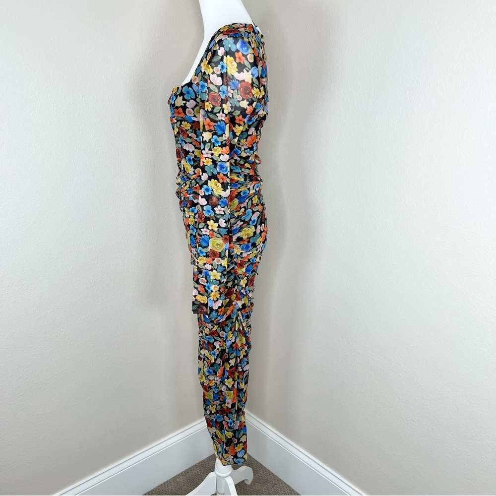 GANNI Colorful Floral SquareNeck Long Sleeve Ruched Stretch Mesh Midi Dress Sz L - Picture 8 of 15